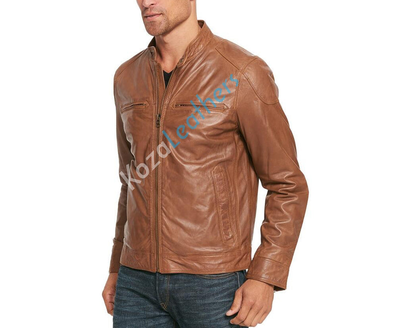 Biker Jacket - Men Real Lambskin Motorcycle Leather Biker Jacket KM156 - Koza Leathers