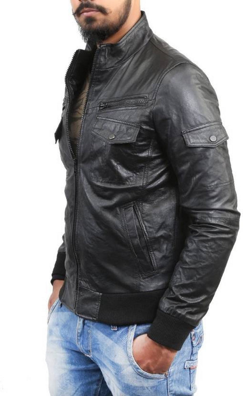 Biker Jacket - Men Real Lambskin Motorcycle Leather Biker Jacket KM408 - Koza Leathers