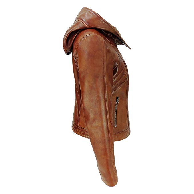 Koza Leathers Women Real Lambskin Leather Biker Hooded Jacket NW001
