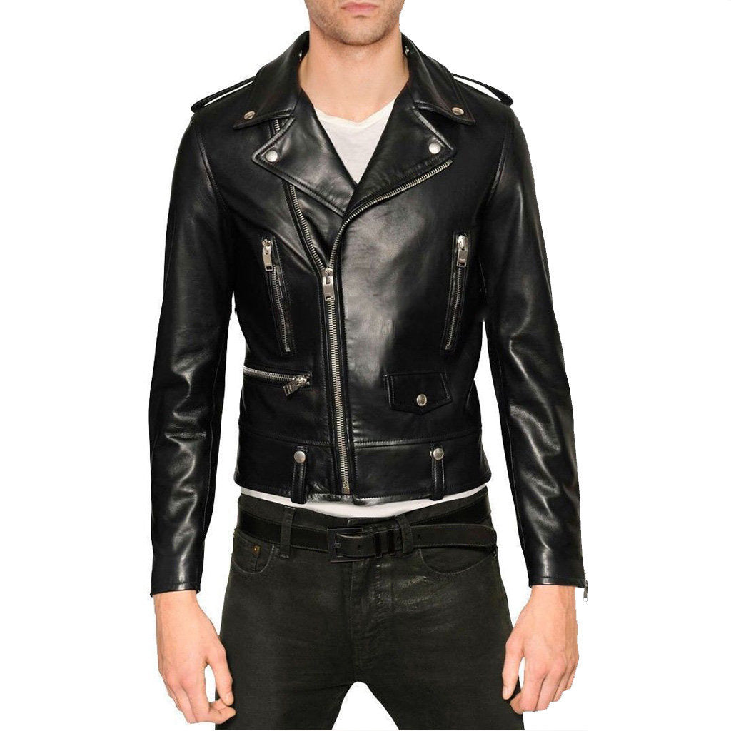 Biker Jacket - Men Real Lambskin Motorcycle Leather Biker Jacket KM342 - Koza Leathers