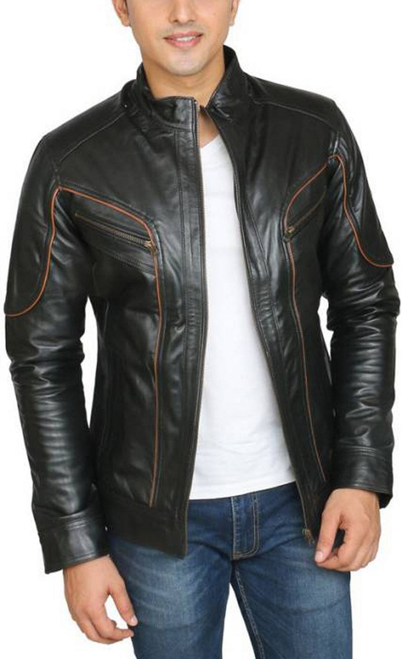 Biker Jacket - Men Real Lambskin Motorcycle Leather Biker Jacket KM445 - Koza Leathers