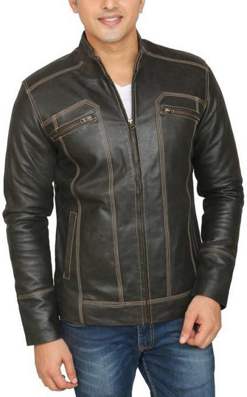 Biker Jacket - Men Real Lambskin Motorcycle Leather Biker Jacket KM449 - Koza Leathers