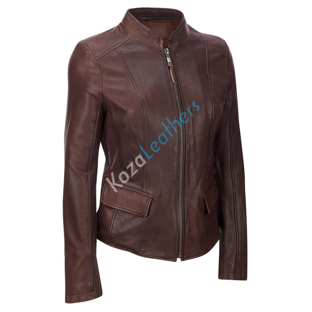 Biker / Motorcycle Jacket - Women Real Lambskin Leather Biker Jacket KW105 - Koza Leathers