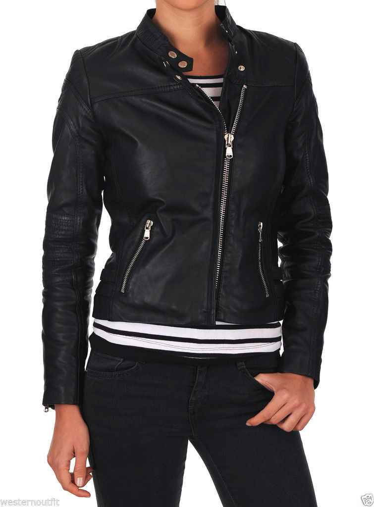 Biker / Motorcycle Jacket - Women Real Lambskin Leather Biker Jacket KW086 - Koza Leathers