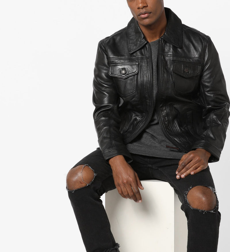 Biker Jacket - Men Real Lambskin Motorcycle Leather Biker Jacket KM612 - Koza Leathers