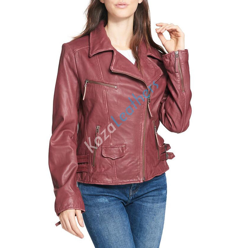Biker / Motorcycle Jacket - Women Real Lambskin Leather Biker Jacket KW108 - Koza Leathers