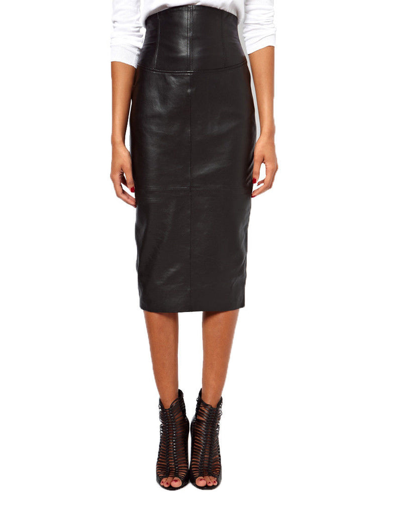 Knee Length Skirt - Women Real Lambskin Leather Slim Fit Skirt WS057 - Koza Leathers