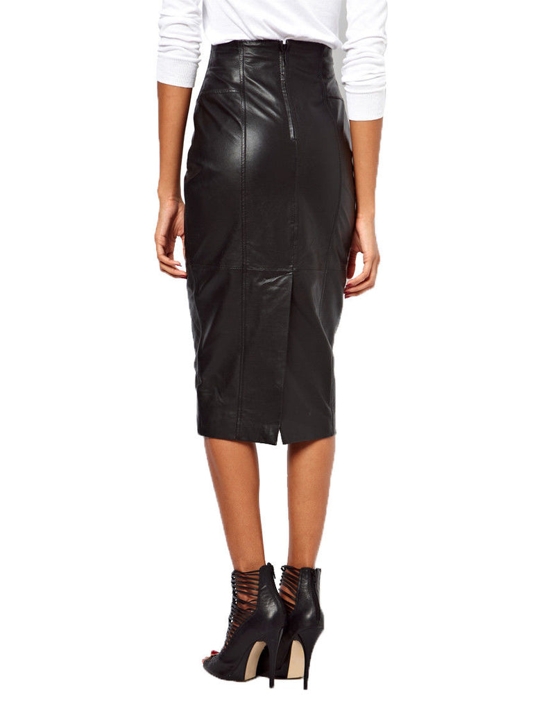 Knee Length Skirt - Women Real Lambskin Leather Slim Fit Skirt WS057 - Koza Leathers