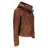 Koza Leathers Women Real Lambskin Leather Biker Hooded Jacket NW001