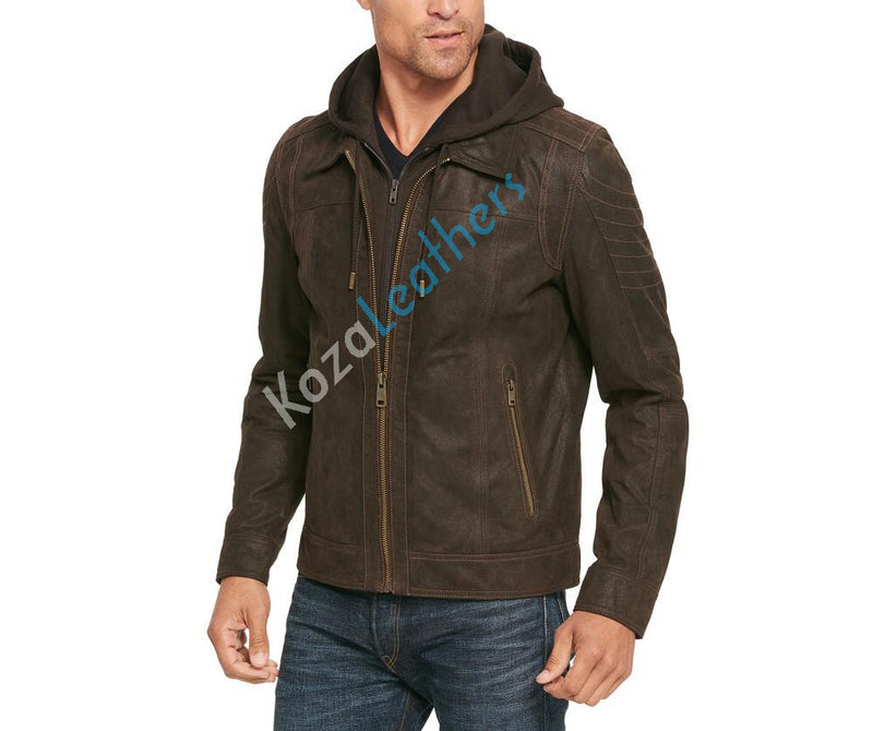 Koza Leathers Men's Genuine Lambskin Leather Biker Hooded Bomber Jacket NJ006