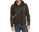 Koza Leathers Men's Genuine Lambskin Leather Biker Hooded Bomber Jacket NJ006