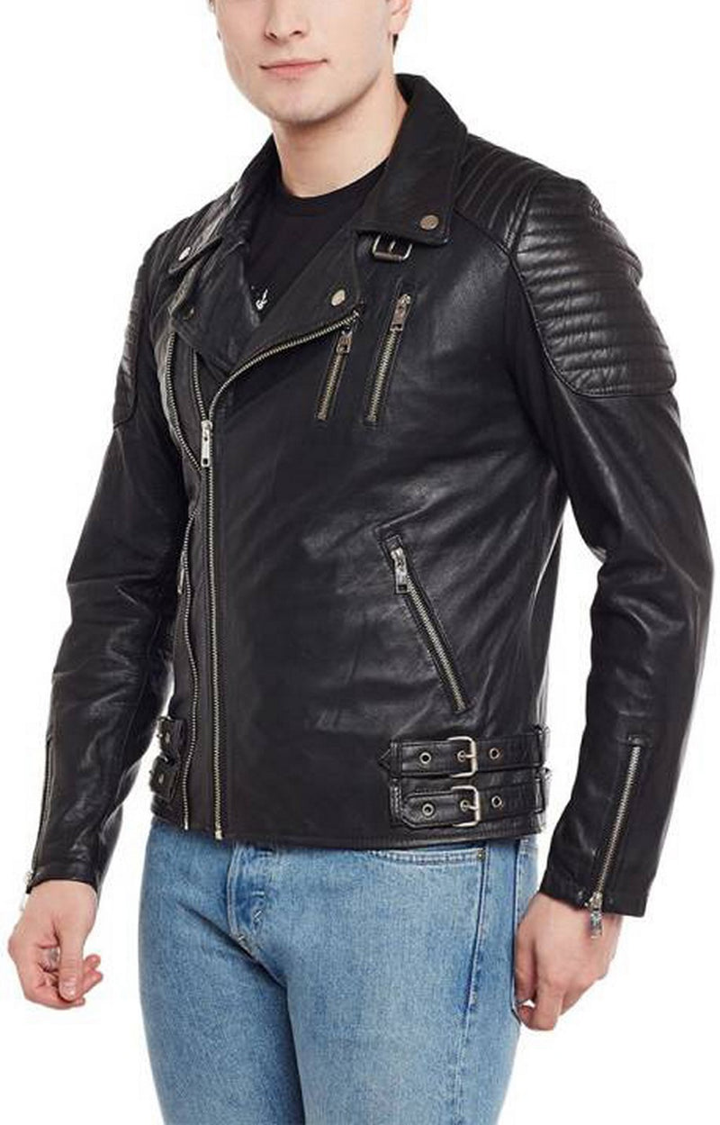 Biker Jacket - Men Real Lambskin Motorcycle Leather Biker Jacket KM413 - Koza Leathers
