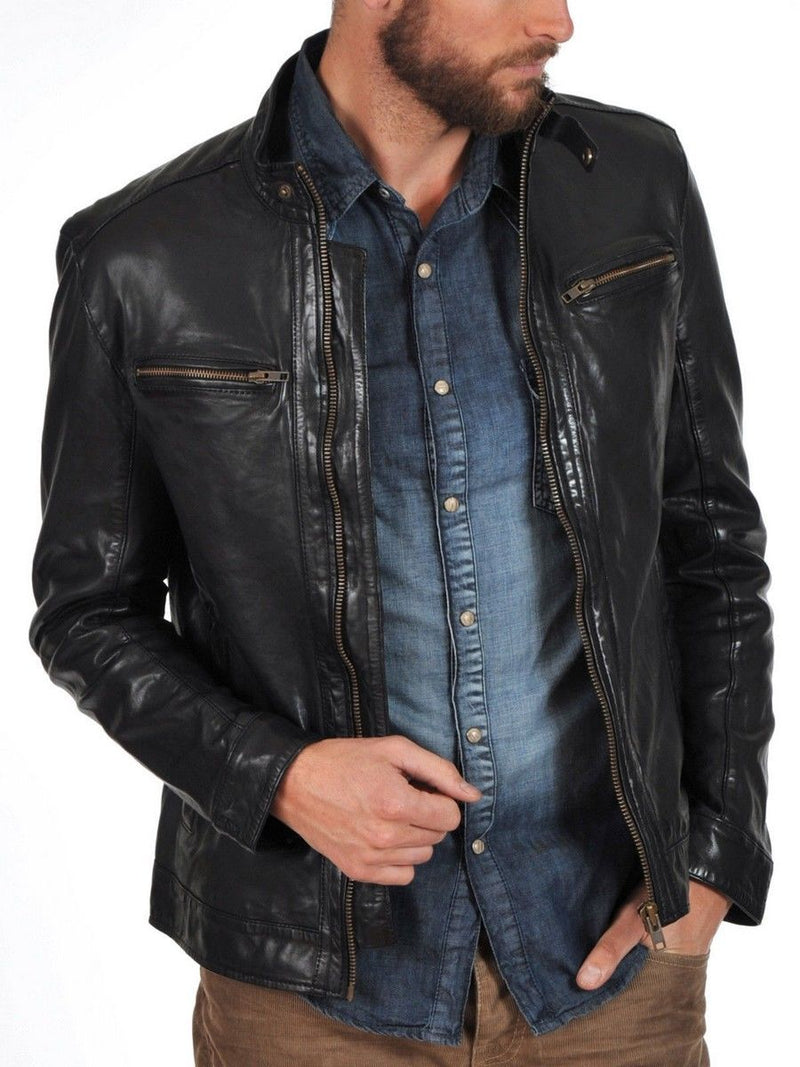 Biker Jacket - Men Real Lambskin Leather Jacket KM141 - Koza Leathers