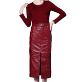 Women Real Lambskin Leather Knee Length Skirt WS155