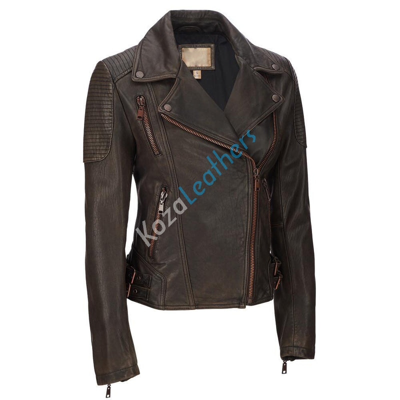 Biker / Motorcycle Jacket - Women Real Lambskin Leather Biker Jacket KW128 - Koza Leathers