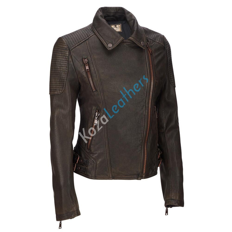Biker / Motorcycle Jacket - Women Real Lambskin Leather Biker Jacket KW128 - Koza Leathers