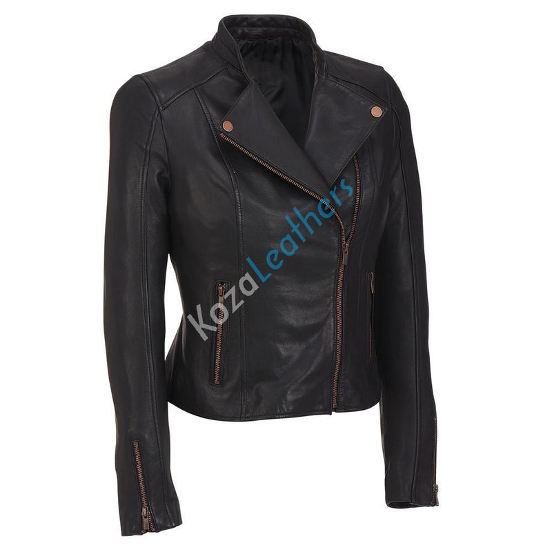 Biker / Motorcycle Jacket - Women Real Lambskin Leather Biker Jacket KW140 - Koza Leathers