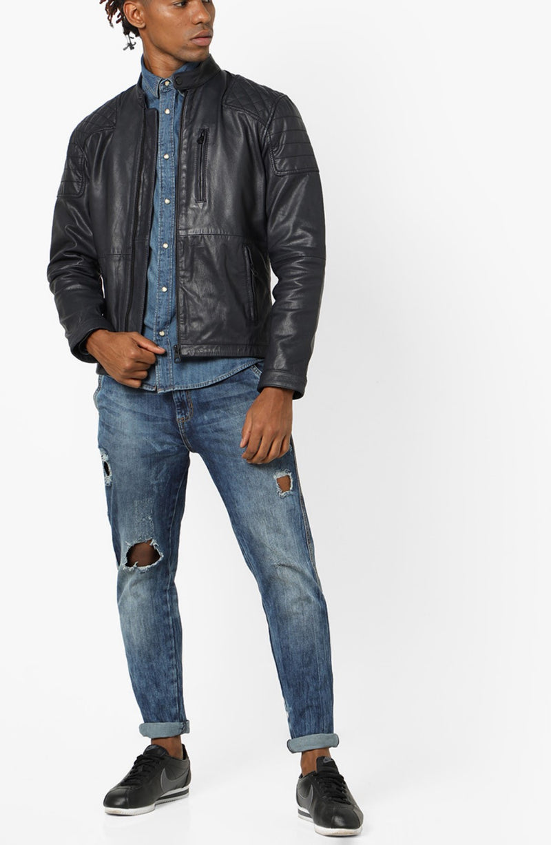 Biker Jacket - Men Real Lambskin Motorcycle Leather Biker Jacket KM654 - Koza Leathers