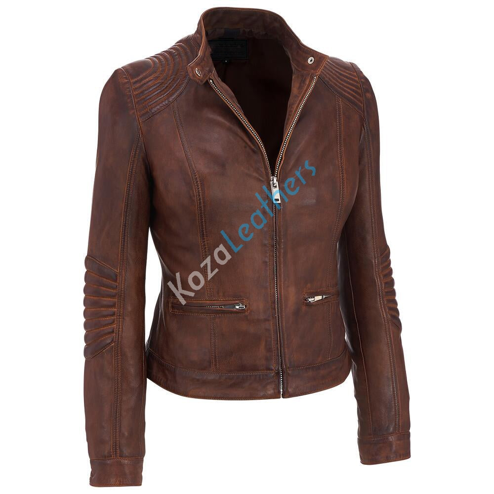 Biker / Motorcycle Jacket - Women Real Lambskin Leather Biker Jacket KW143 - Koza Leathers