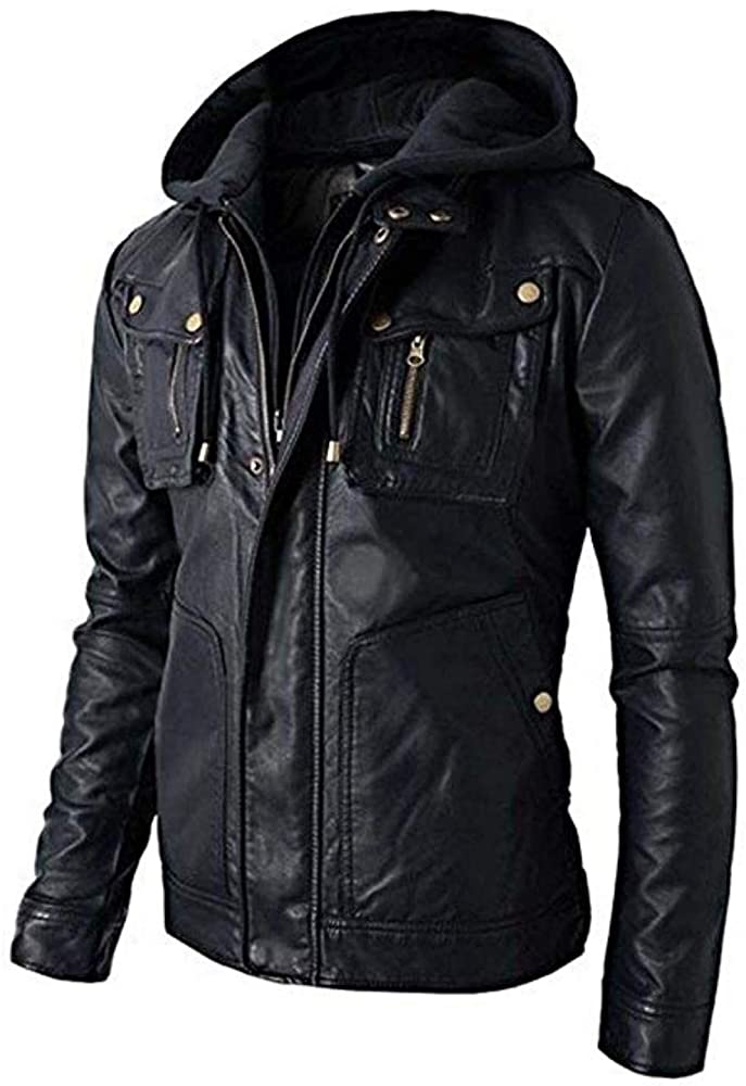 KL Koza Leathers Men's Leather Jacket Genuine Lambskin Leather Biker Jacket Detachable Hood Jacket