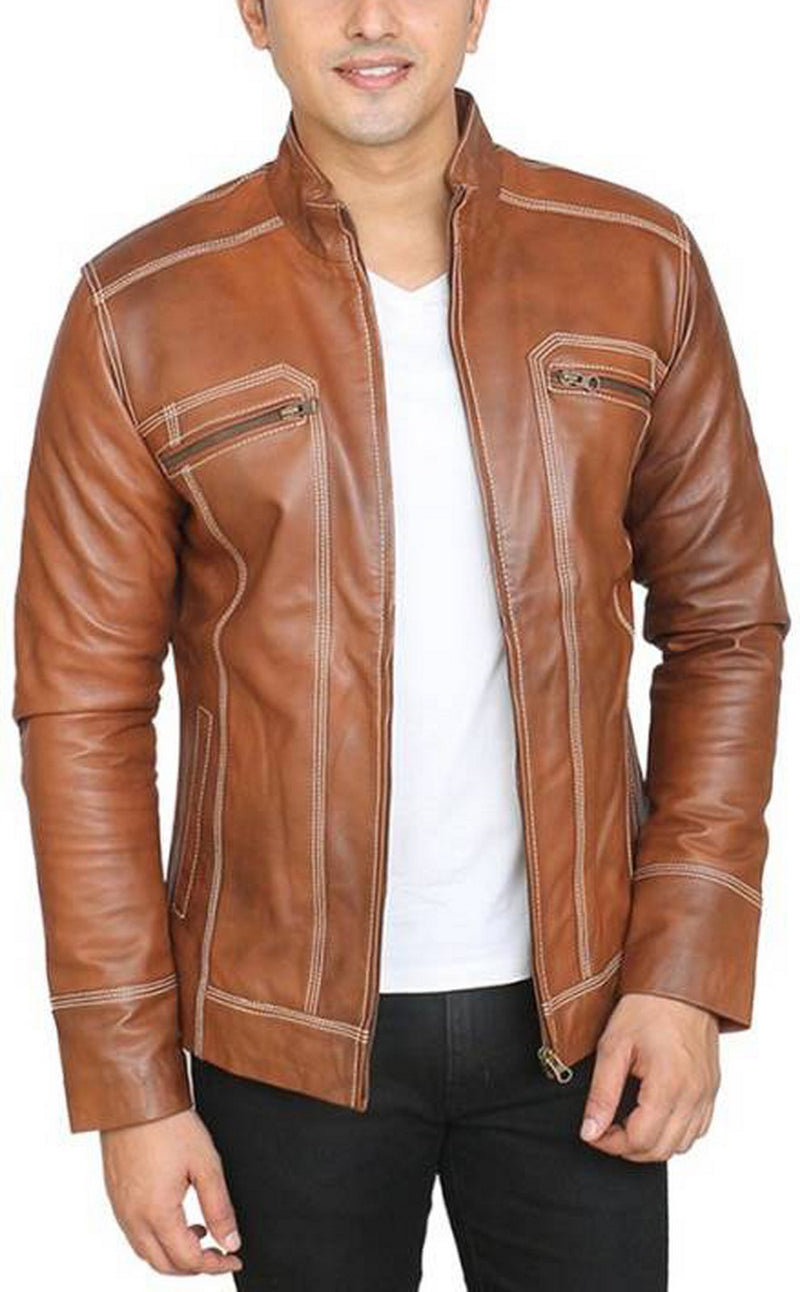 Biker Jacket - Men Real Lambskin Motorcycle Leather Biker Jacket KM444 - Koza Leathers