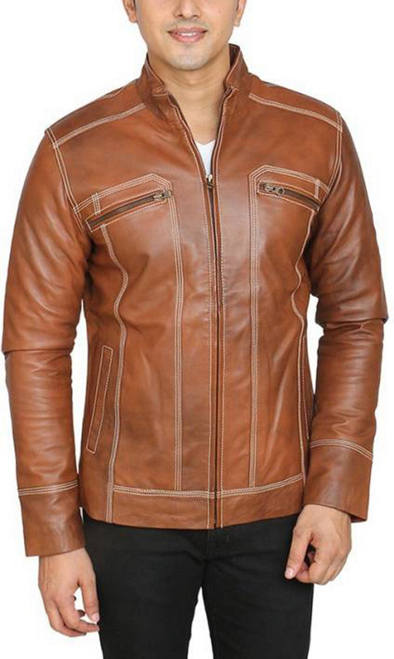 Biker Jacket - Men Real Lambskin Motorcycle Leather Biker Jacket KM444 - Koza Leathers
