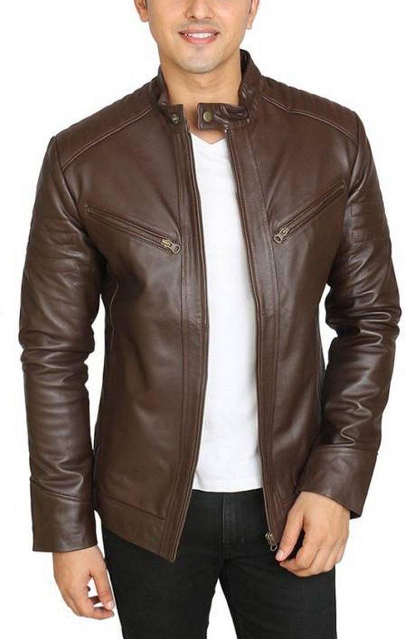 Biker Jacket - Men Real Lambskin Motorcycle Leather Biker Jacket KM447 - Koza Leathers