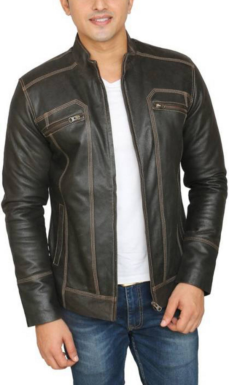 Biker Jacket - Men Real Lambskin Motorcycle Leather Biker Jacket KM449 - Koza Leathers