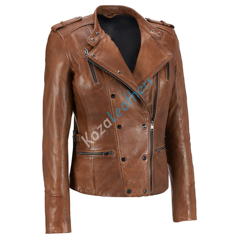 Biker / Motorcycle Jacket - Women Real Lambskin Leather Biker Jacket KW163 - Koza Leathers
