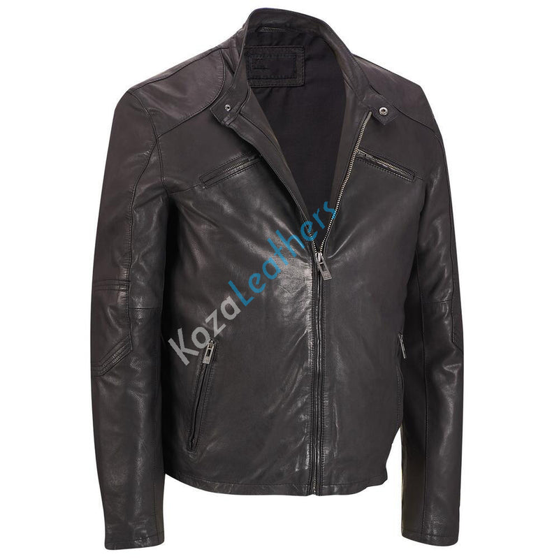 Biker Jacket - Men Real Lambskin Motorcycle Leather Biker Jacket KM198 - Koza Leathers