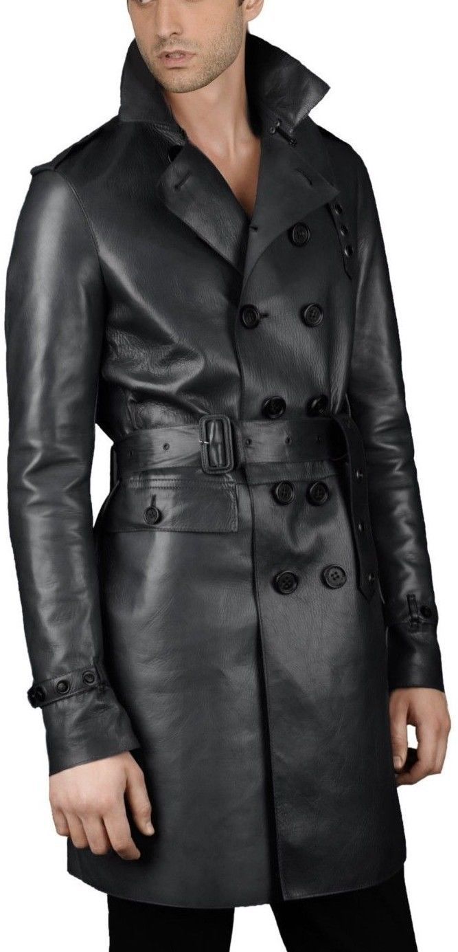 Slim-Fit PU Leather Trench Coat